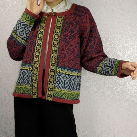 VTG Norwegian Norwear Pure Wool Nordic Folk Cardigan Sweater Small - Picture 1 of 9